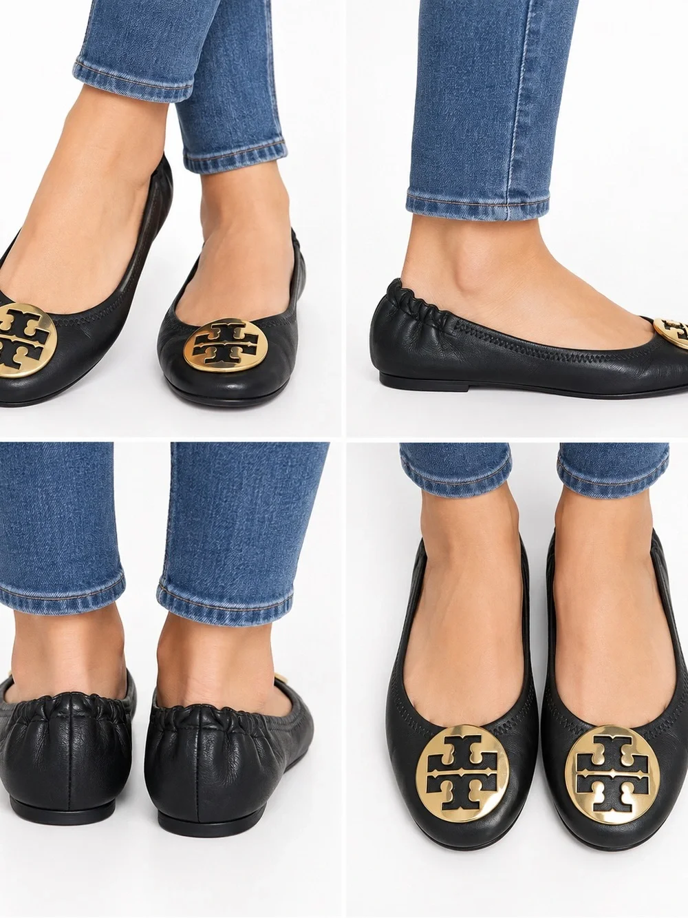 Tory Burch Black Leather Ballet Flats with Gold Logo Medallion size 8.5